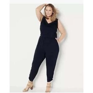 All Worthy Hunter McGrady Knit Jumpsuit Ruched Leg Black Medium Tall Romper
